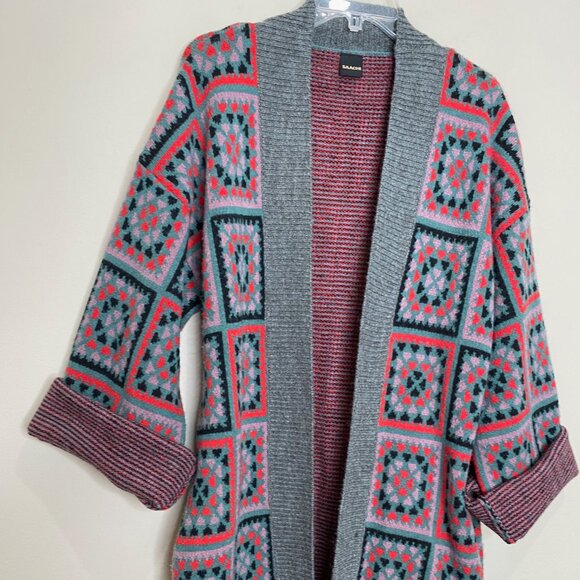 Saachi Square Patch Open Front LOng Kimono Cardigan *Grey* One Size - Picture 7 of 13